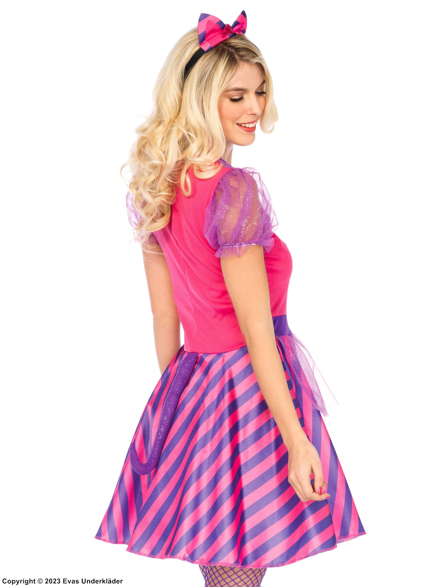 Female Cheshire Cat from Alice in Wonderland, costume dress, tail, puff sleeves, colorful stripes